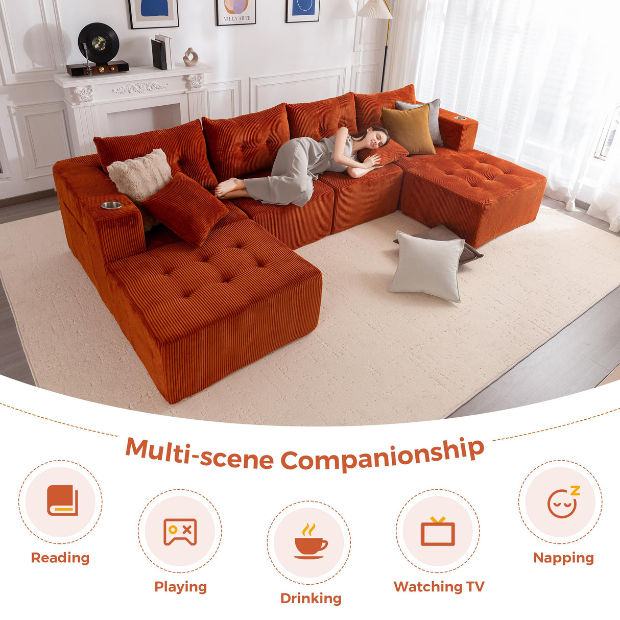 MAXYOYO Modular Sectional Sofa Couch, U Shaped Modern Cloud Couch with 2 Ottomans, Sofa in A Box, Tufted 6-Seat Boneless Sleeper Chair for Living Room, No Assembly Required, Orange MAXYOYO