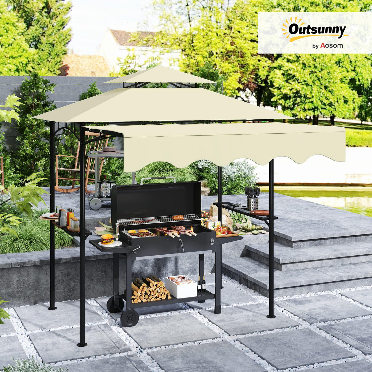 Outsunny 8' x 5' Grill Gazebo, Double Tiered Outdoor BBQ Gazebo with Side Awning, 2 Side Shelves and 6 Hooks for Patio, Deck, Yard, Beige Outsunny