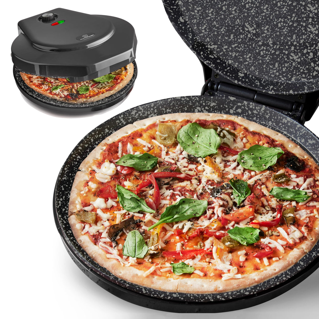 MisterChef Countertop Pizza Maker, 1450W Mini Pizza Oven, Pizza Maker Oven With 12″ Non-Stick Ceramic Plate, Indoor Electric Pizza Oven for Crepes, Pancakes - Black MisterChef