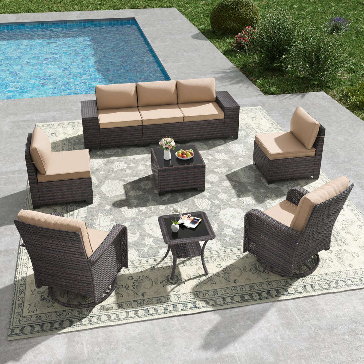 Kullavik 9 Pieces Outdoor Patio Furniture Set,PE Wicker Rattan Sectional Sofa Patio Conversation Sets with Tempered Glass Table,Swivel Rocking Chairs Set,Sand Kullavik