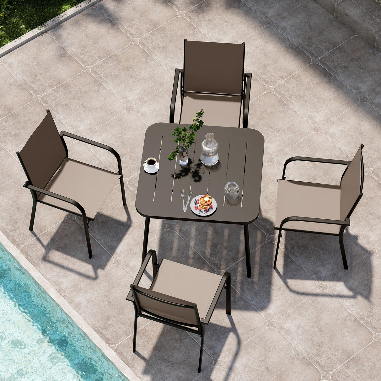 LAUSAINT HOME 5-Piece Outdoor Dining Set, Patio Furniture Set with Textilene Chairs and Square Metal Table, All-Weather Table and Chairs Set with Umbrella Hole for Backyard, Garden, and Poolside LAUSAINT HOME