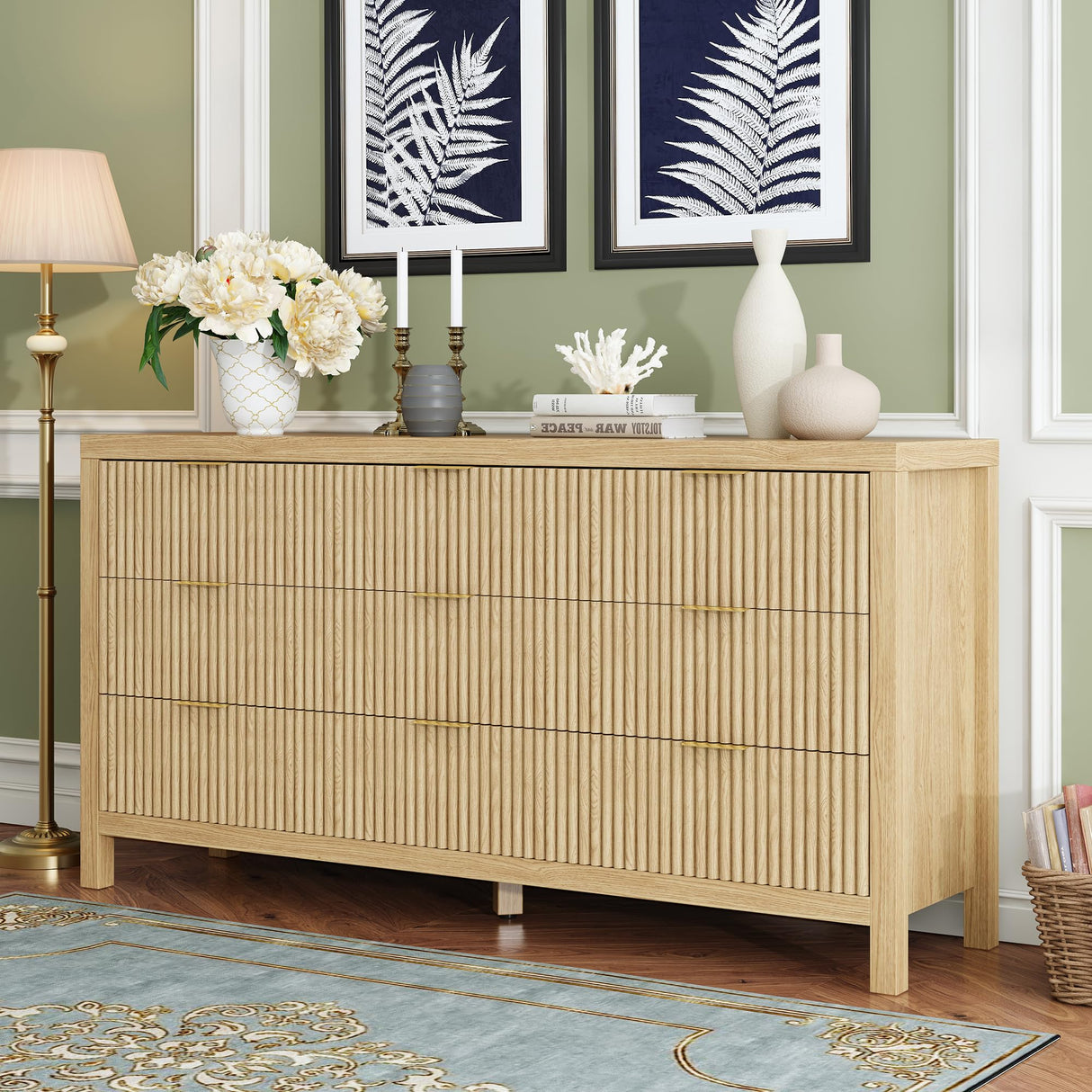 JZXSHD 9 Drawers, Modern Large Chest Mid Century Modern Dresser TV Stand, Storage Organizer Dresser with Solid Natural Wood Legs for Bedroom, Living Room, Hallway, Natural Oak JZXSHD