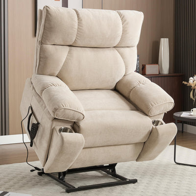 Dual Motor Power Lift Chair for Elderly with Vibration Massage and Lumbar Heating for Living Room, Electric Lay Flat Recliner with Cup Holders Remote Controls, Medium-Firm Chenille Fabric, Beige