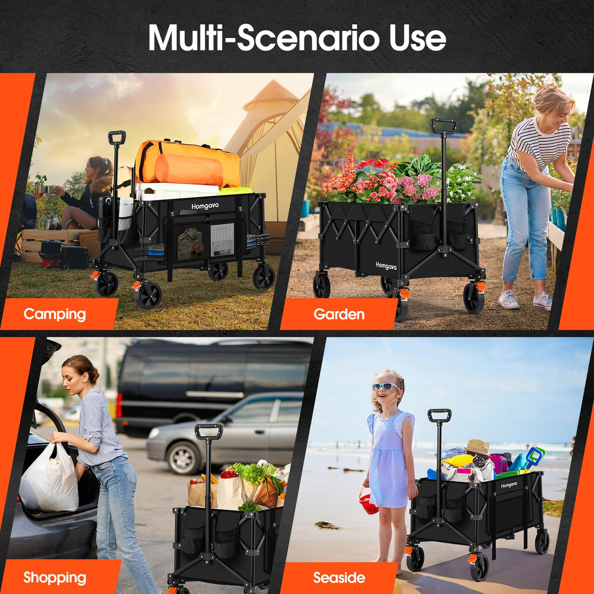 Homgava 140L Collapsible Folding Wagon Cart with 350LBS Resting Weight Capacity, Heavy Duty Garden Cart with All-Terrain&Brake Wheel, Utility Wagon with Side Pocket for Camping,Shopping,Sports,Black Homgava