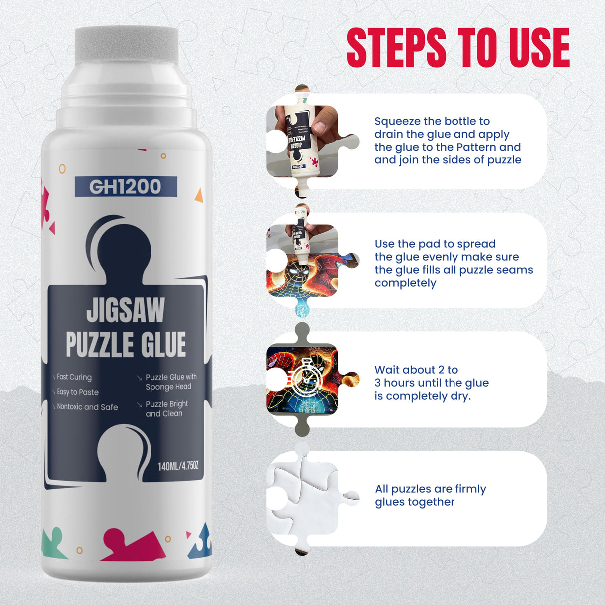 2 Pack 140ml Jigsaw Puzzle Glue with New Sponge Head, Suitable for 1000/3000/5000 Pieces of Paper and Wood Puzzle Glue Clear Water-Soluble Quick Dry Jigsaw Puzzle Glue, 280ml GH1200