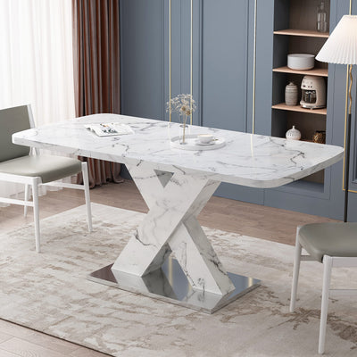Lasadelgar Expandable Dining Table for 4, Extendable 47-63 Inch Modern White Faux Marble Dining Room Table with MDF Table Top X-Shape Table Leg Metal Base