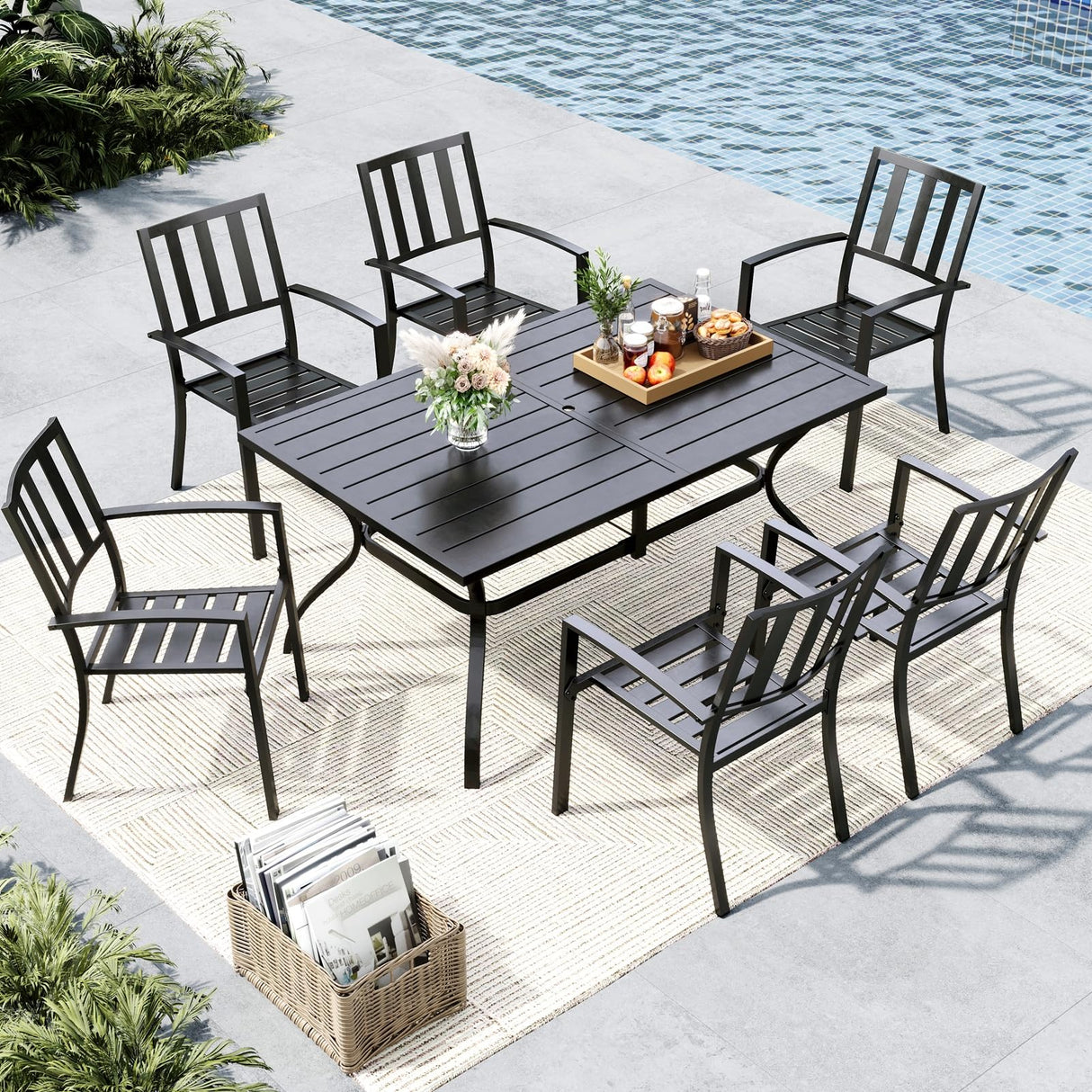 MFSTUDIO Outdoor Dining Set for 6, Patio Table and Chairs Set with Umbrella Hole, 7 Piece Metal Patio Furniture Set for Deck Backyard Poolside Garden MFSTUDIO