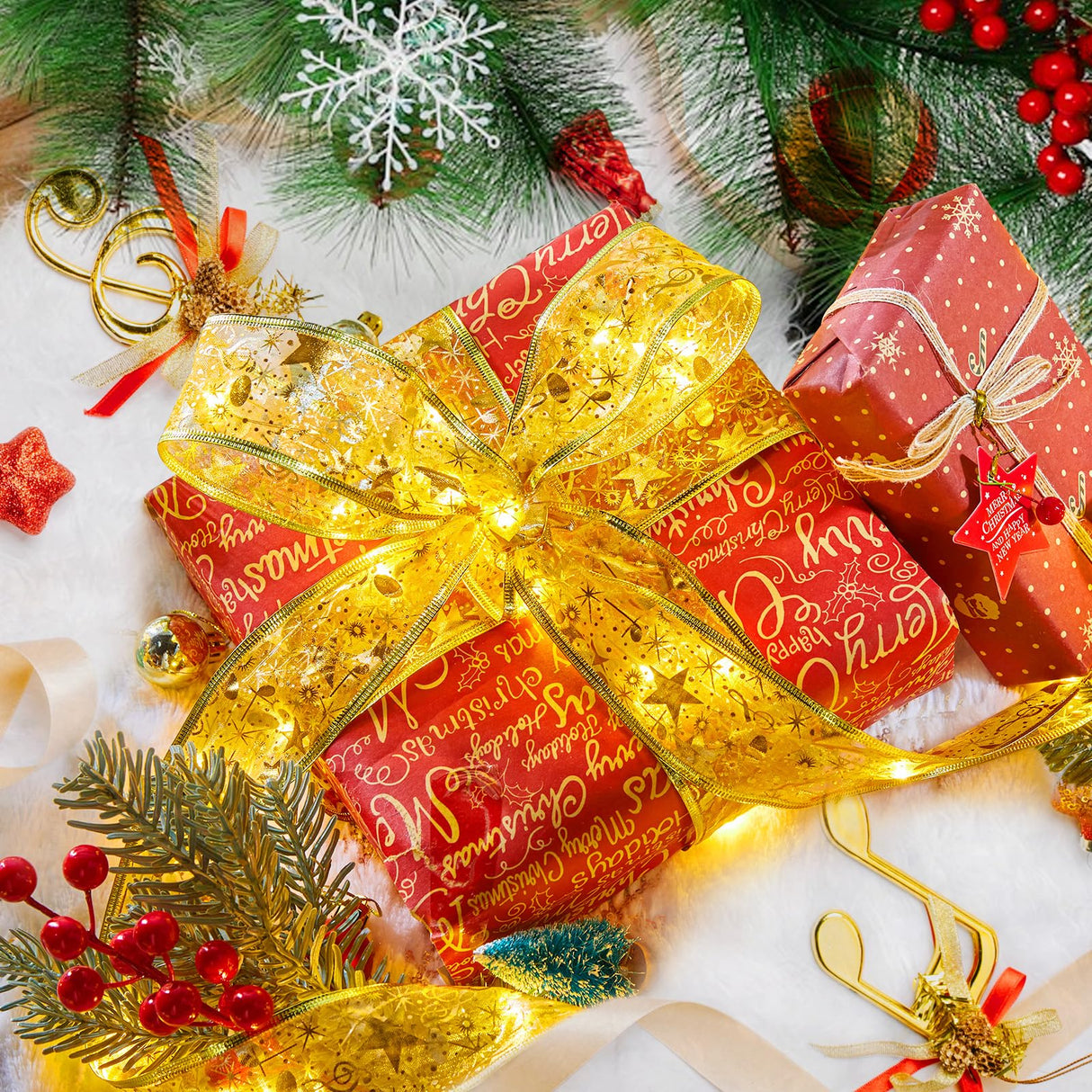 Minetom Christmas Tree Ribbon String Lights - 33ft 100 LED Battery Powered Fairy Lights with Timer and 8 Lighting Modes, Christmas Ribbon Bows Lights for 6ft - 8ft Christmas Tree New Year Decor, Gold Minetom