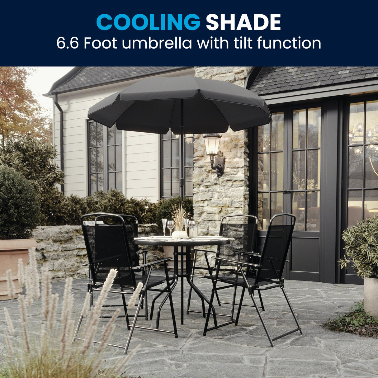 Flash Furniture Nantucket 6 Piece Patio Garden Table Set - Umbrella Table - Set of 4 Black Folding Chairs Flash Furniture