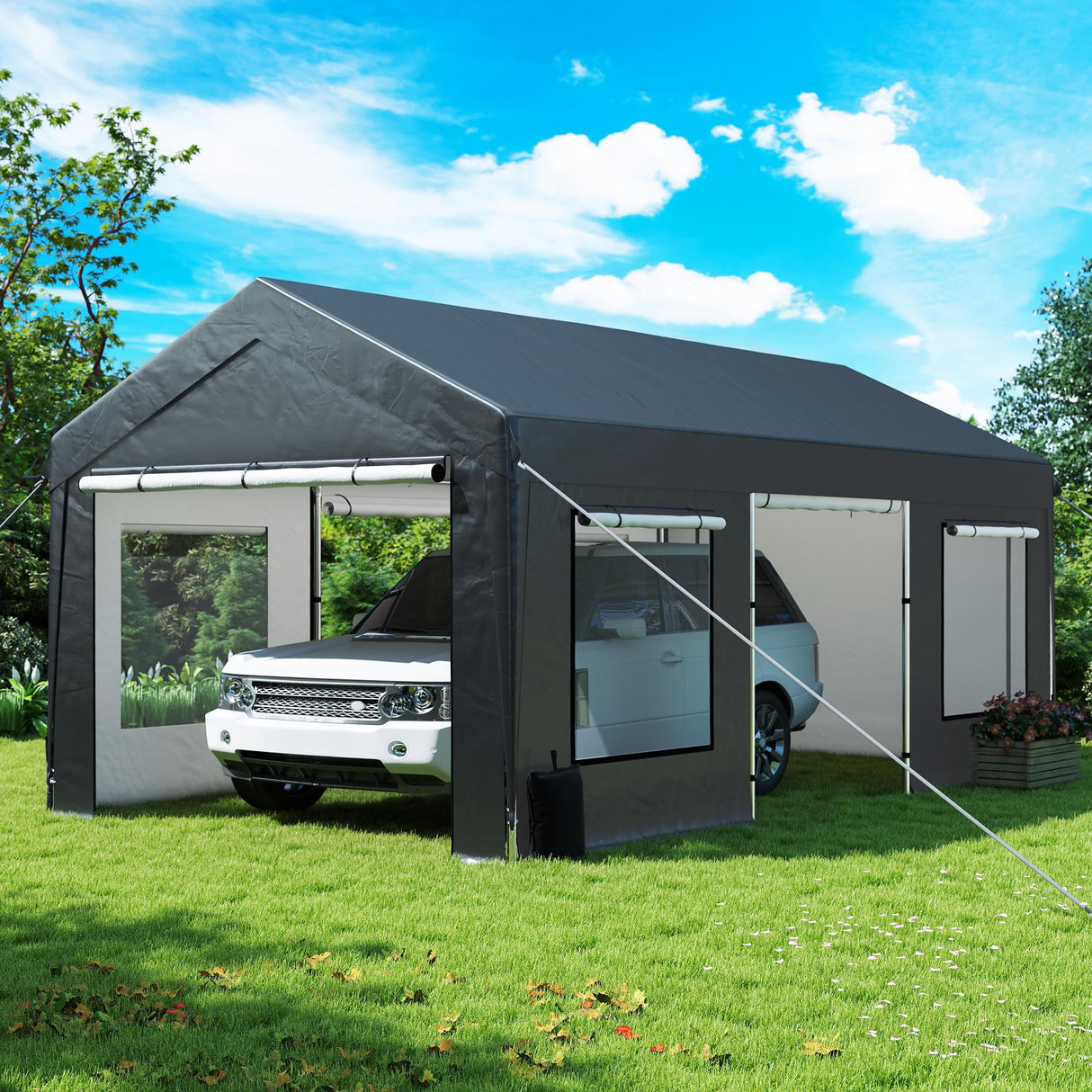 GARTOO Upgrade 10' x 20' Heavy Duty Carport, Extra Large Shelter with Roll-up Ventilated Windows & Side Doors, Portable Garage for Car Boat Truck Auto Shelter Motorcycle Outdoor Events Parties, Gray GARTOO