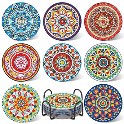 UPINS 8Pcs Mandala Diamond Art Painting Art Coasters Kits with Holder, Diamond Art Non Slip Coaster Kits DIY with Holder Crafts for Adults Diamond Art Painting Kits Supplies for Christmas Gift