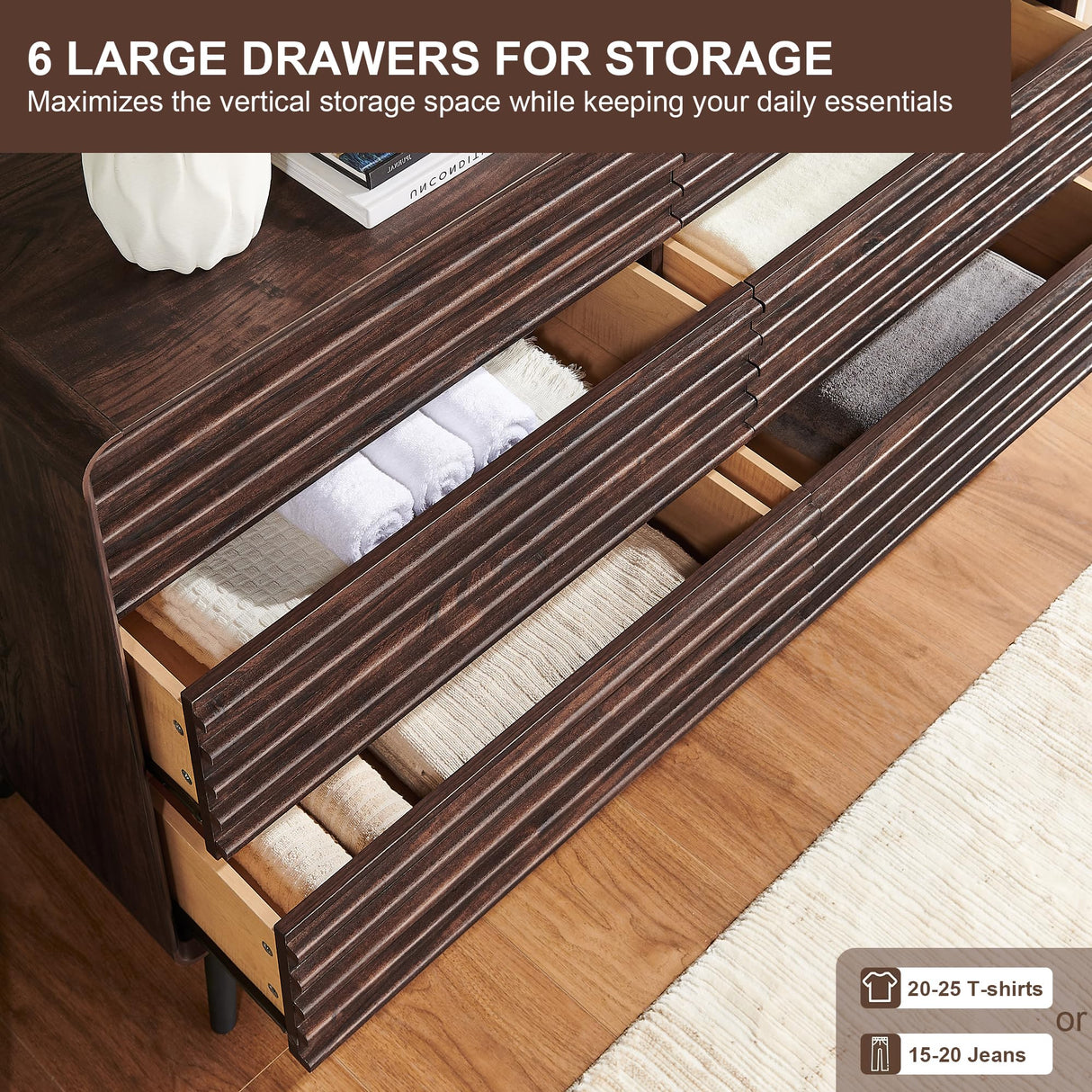 RedLemon 6 Drawers Dresser for Bedroom, 54'' Wide Mid Century Modern Wood Fluted Double Dresser, Chest of Drawers with Tapered Leg for Bedroom, Living Room, Hallway, Closet, Dark Walnut RedLemon