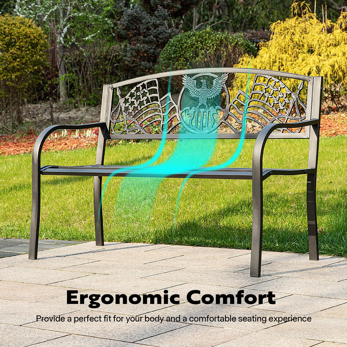 VIVOHOME 50 Inch Outdoor Garden Bench Cast Iron Metal Frame Patio Park Benches for Porch Yard Lawn with Pattern Backrest VIVOHOME