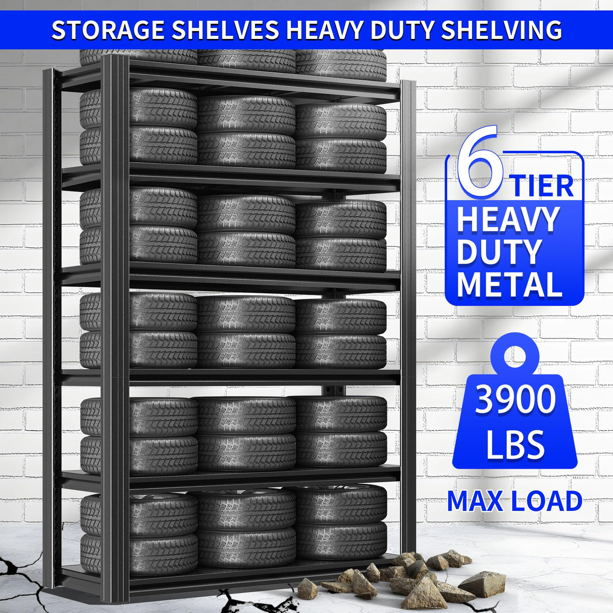 BIZOEIRON Metal Storage Shelving Heavy Duty, Shelves Unit for Garage, Adjustable 6 Tier Storage Rack, Industrial Utility Shelf for Garage, Warehouse, Basement, Kitchen, 18" D x 48" W x 82.5" H, Black BIZOEIRON