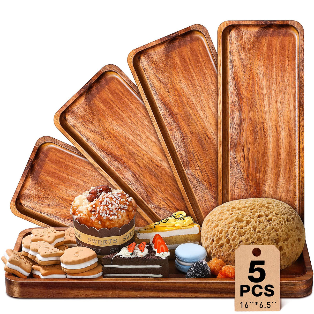 5 Pack Solid Acacia Wood Serving Trays, Rectangular Wooden Serving Board for Food Appetizer Serving Tray Plates for Vegetables Fruit Charcuterie Cheese Platters Home Kitchen Decor (16 x 6.5 Inch) Roowest