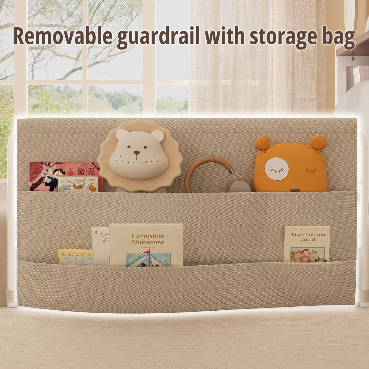 IRONCK Twin Bed Frame with Rails, Farmhouse Platform Bed with 2 Drawers, Upholstered StorageHeadboard & Charging Station for Boys Girls Teens, No Box Spring Needed, White/Walnut IRONCK