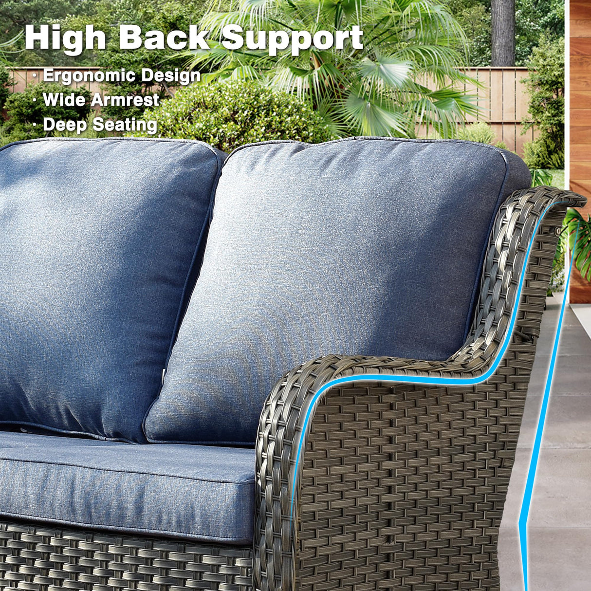 ovios Patio Furniture Set, 6 Piece Outdoor Wicker High Back Sofa with Swivel Rocking Chairs, Ottomans, Comfy Cushions, All Weather Conversation Set, Grey Rattan Denim Blue ovios