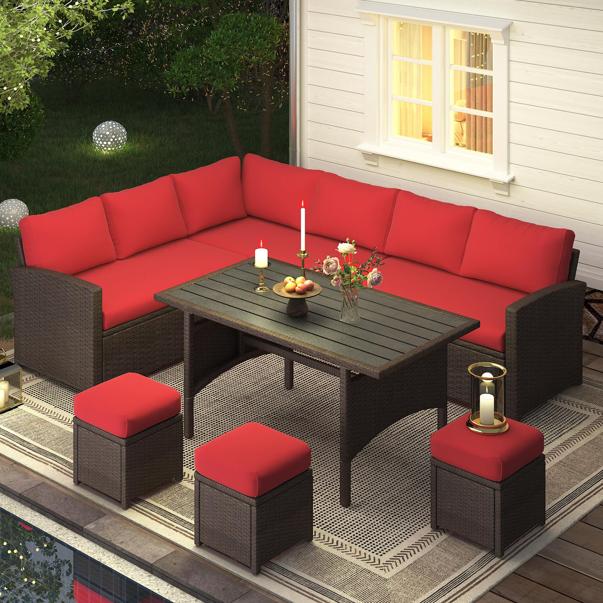 U-MAX Outdoor Patio Furniture Set,7 Piece Patio Sectional Sofa Set with Dining Table All-Weather Wicker Patio Conversation Sets(Brown Rattan & Red Cushion) U-MAX