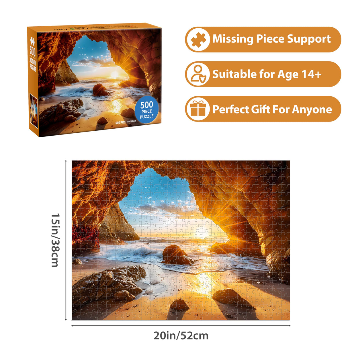 500 Pieces Puzzles for Adults Jigsaw Puzzle Beach Sea Cave Sunset Puzzle for Children Elderly, Recycled Paper Puzzle 500 Pieces, Art DIY Challenging Puzzle Family Game Gift for Friends, 20.5 x 15 in Jeacirio