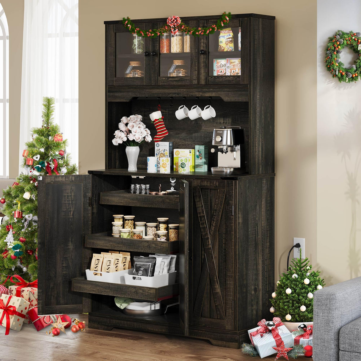 DWVO 71" Tall Kitchen Pantry Storage Cabinet with Charging Station, Kitchen Hutch Cabinet with Storage Drawers, Farmhouse Freestanding Cupboard Cabinet for Dining Room,Dark Rustic Oak DWVO