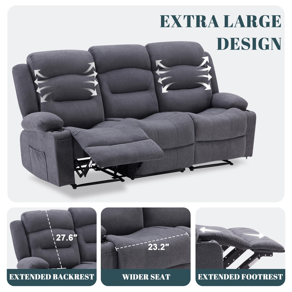 Reedvales Oversized Recliner Sofa with Heat and Massage, Big Large 3-Seater RV Recliner Couch Sofa for Living Room, Wall-Hugger Reclining Sofa with Cup Holders and USB Port (Fabric, Grey) Reedvales
