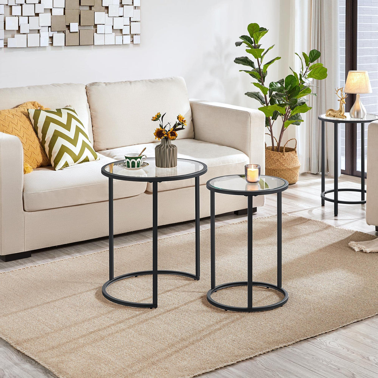 Yaheetech Round Nesting End Table Set of 2,Stacking Side Tables,Coffee Tables Set w/Metal Frame & Glass Top & Protective Foot Pads for Small Space, Living Room, Office- Black Yaheetech