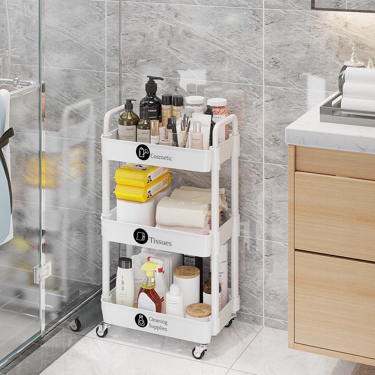 UDEAR 3-Tier Rolling Utility Cart with 12 Category Labels,Multifunctional Storage Shelves with Handle and Lockable Wheels for Room,Office,Kitchen,Bathroom,White UDEAR