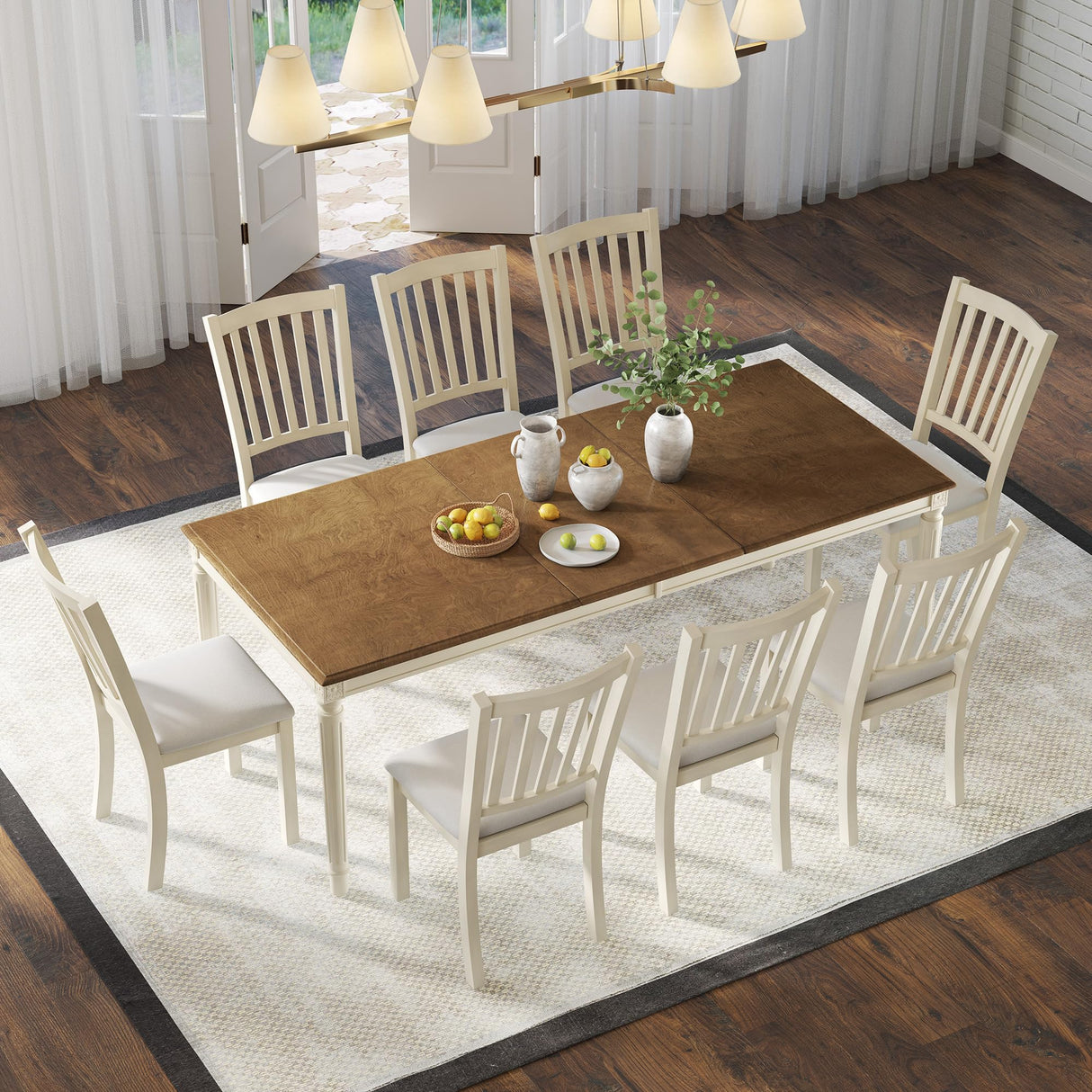 AMERLIFE 9-Piece Farmhouse Solid Wood Dining Table Set with 8 Upholstered Chairs, Roman Conical Legs, Seats up to 8, 79'' Dining Table & Chairs Set for Kitchen and Dining Room, Brown & White AMERLIFE