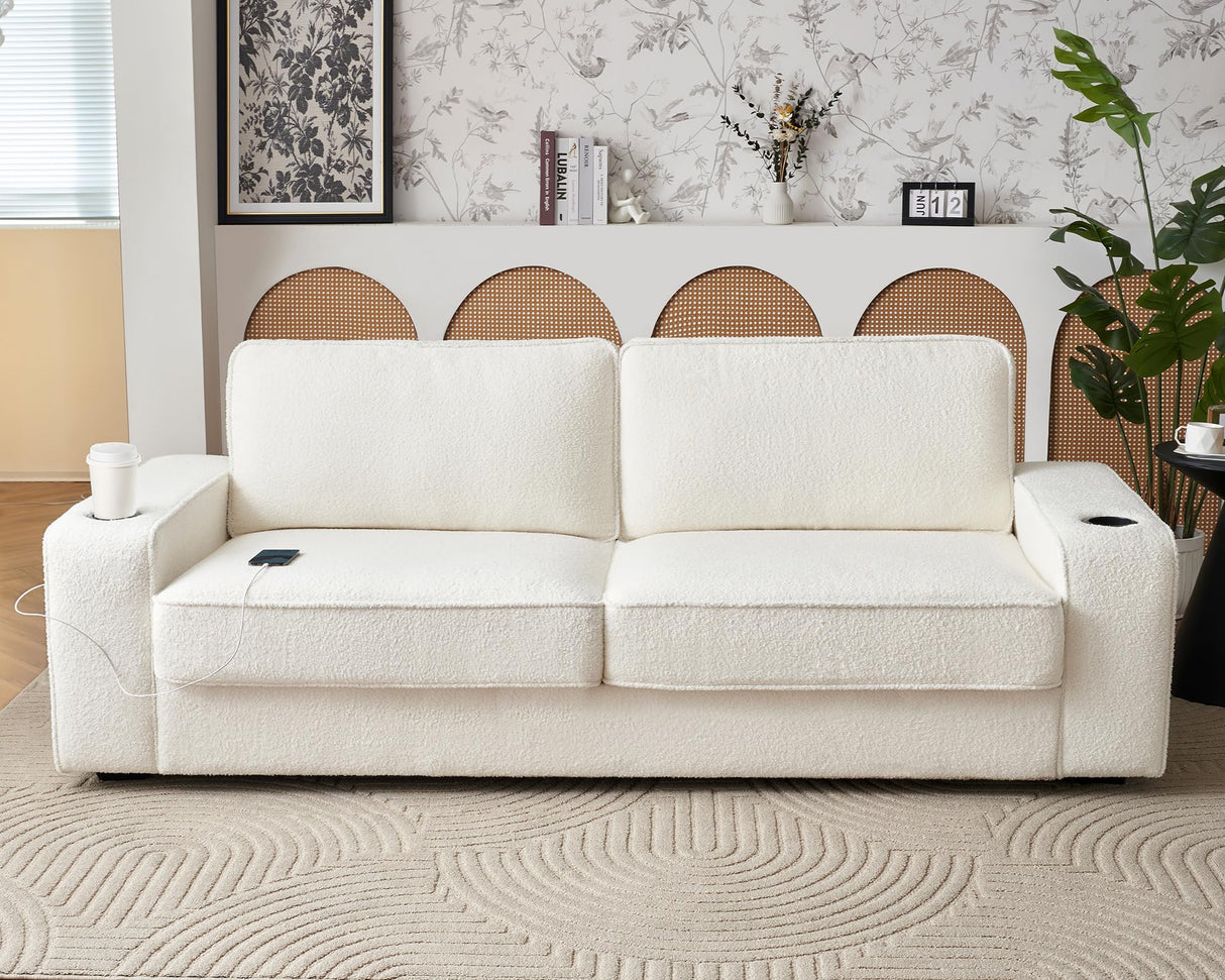 VanAcc Sofa, 89in Modern Sofa with USB Charging Ports & Cup Holders, Deep Seat Sofa Couch- Comfy Couch for Living Room (Offwhite Bouclé) VanAcc