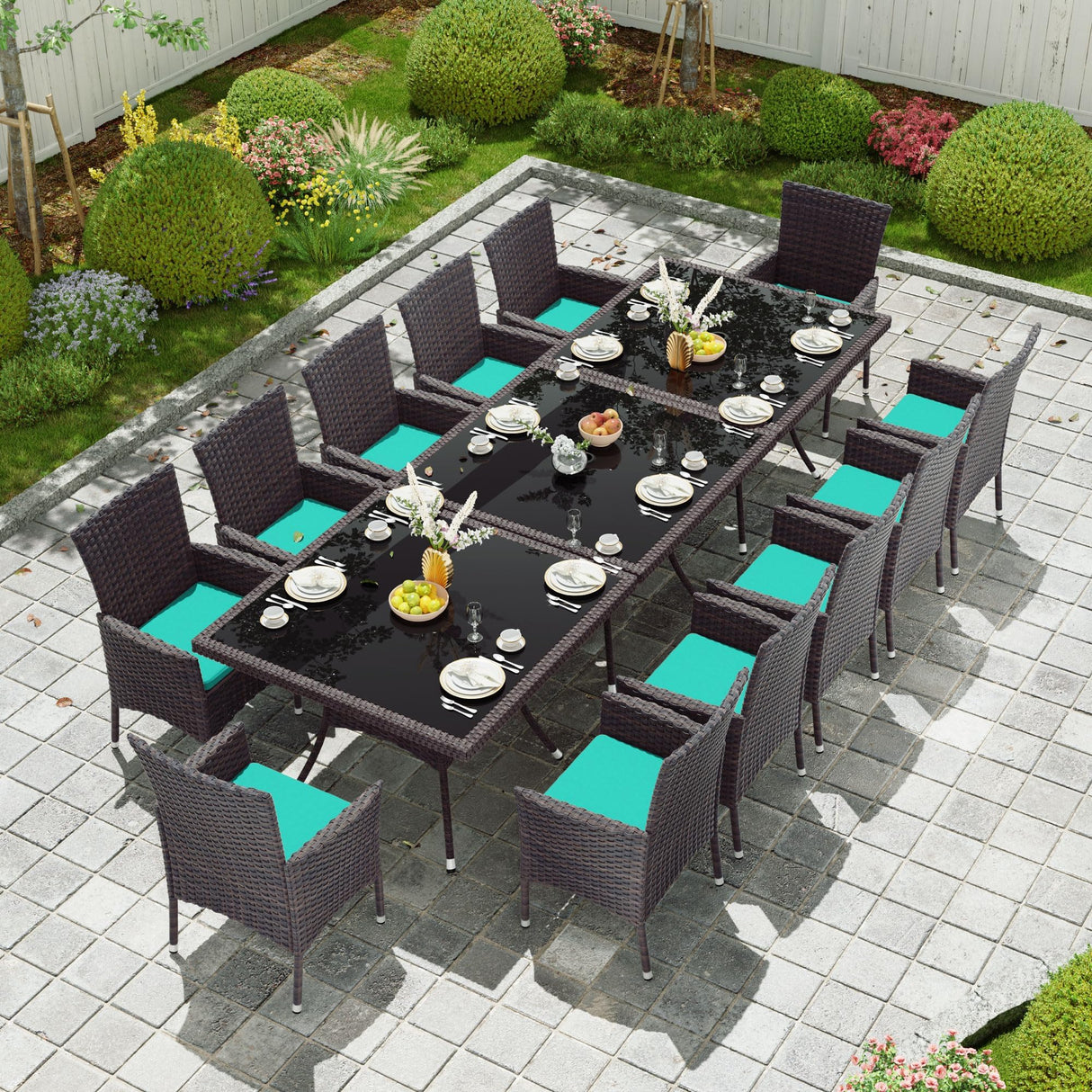 Kullavik 15-Piece Outdoor Dining Set Patio Rattan Furniture Set,Patio Dining Table and Chairs Set with 12 Chairs and Cushions,Square Glass Tabletop with Umbrella Hole for Patio,Backyard,Garden,Blue Kullavik