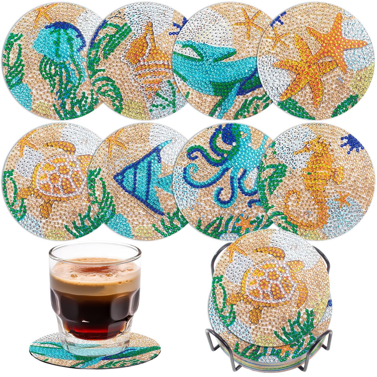 Ocean Diamond Art Coasters Kit for Adults, 8PCS DIY Diamond Painting Coaster Crafts with Holder, Mosaic Gem Art Craft Kits, Diamond Dotz Painting Accessories, Arts and Crafts Gift for Women & Teens Asbondy