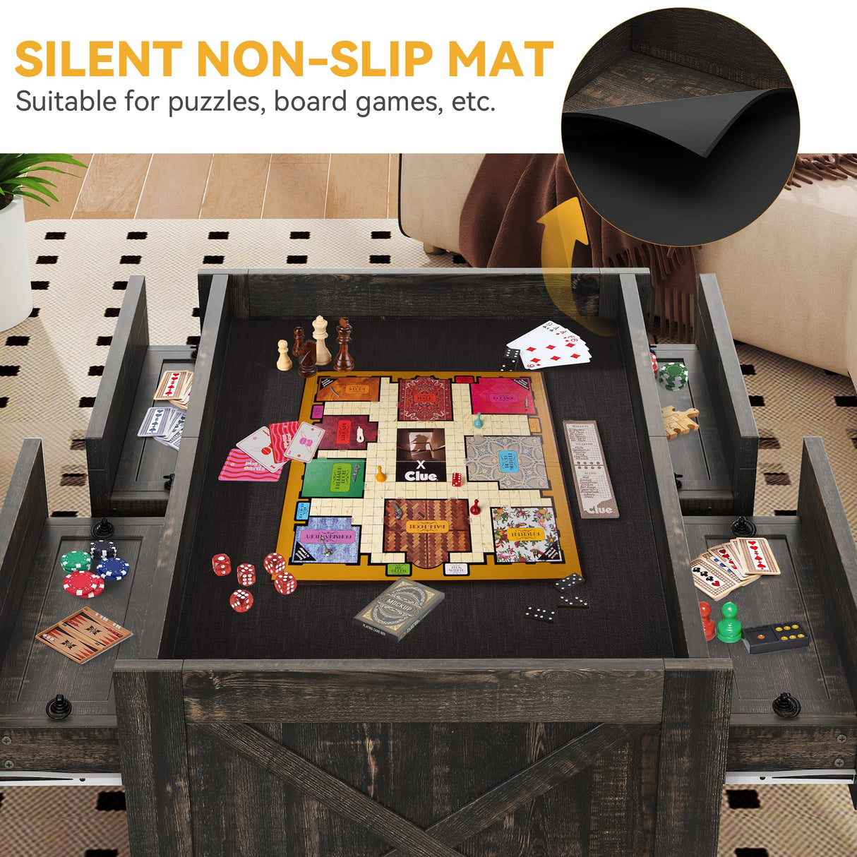 DWVO Board Game Table Living Room: 3-in-1 Game & Puzzle Table with Play Mat, 4 Drawers, Power Outlet, Removable Top (Dark Oak) DWVO