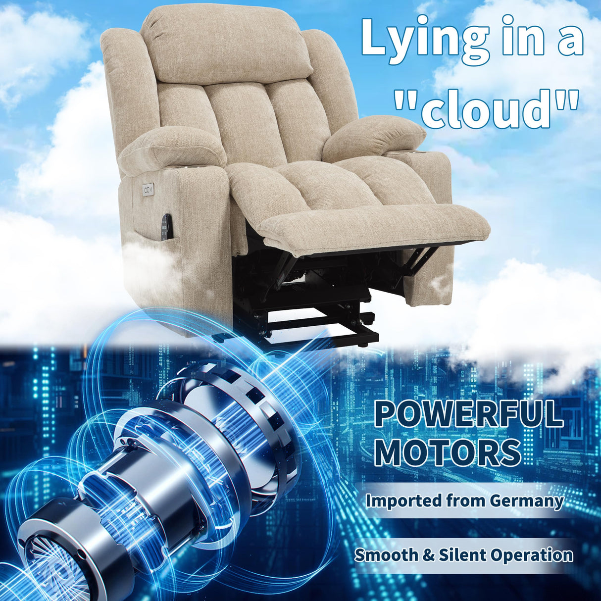 Power Lift Chair for Elderly, Electric Recliner Chair with 8-Point Vibration Massage and Lumbar Heating, Charging Ports, Cup Holders, Standing Assistance Reclining - Ivory White Luxlen