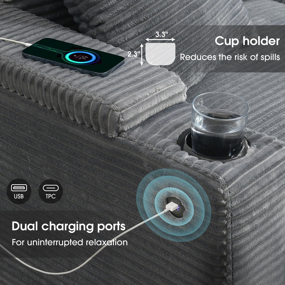 Merax 106" Corduroy Sectional Corner Sofa with Cup Holders & USB Charger, 5 Seat Convertible L Shaped Couch Set with Armrest Storage, Oversized Comfy Modular Sofabed for Living Room & Apartment, Gray Merax