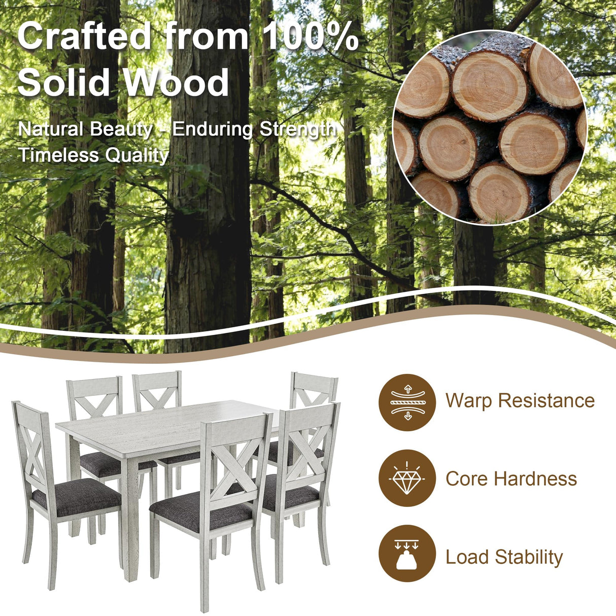 VECELO Peatuk 6-Piece Solid Wood Dining Table Set for 6, Modern Breakfast Dinette Kitchen Table with Chairs for Dining Room, Kitchen, Grey Peatuk