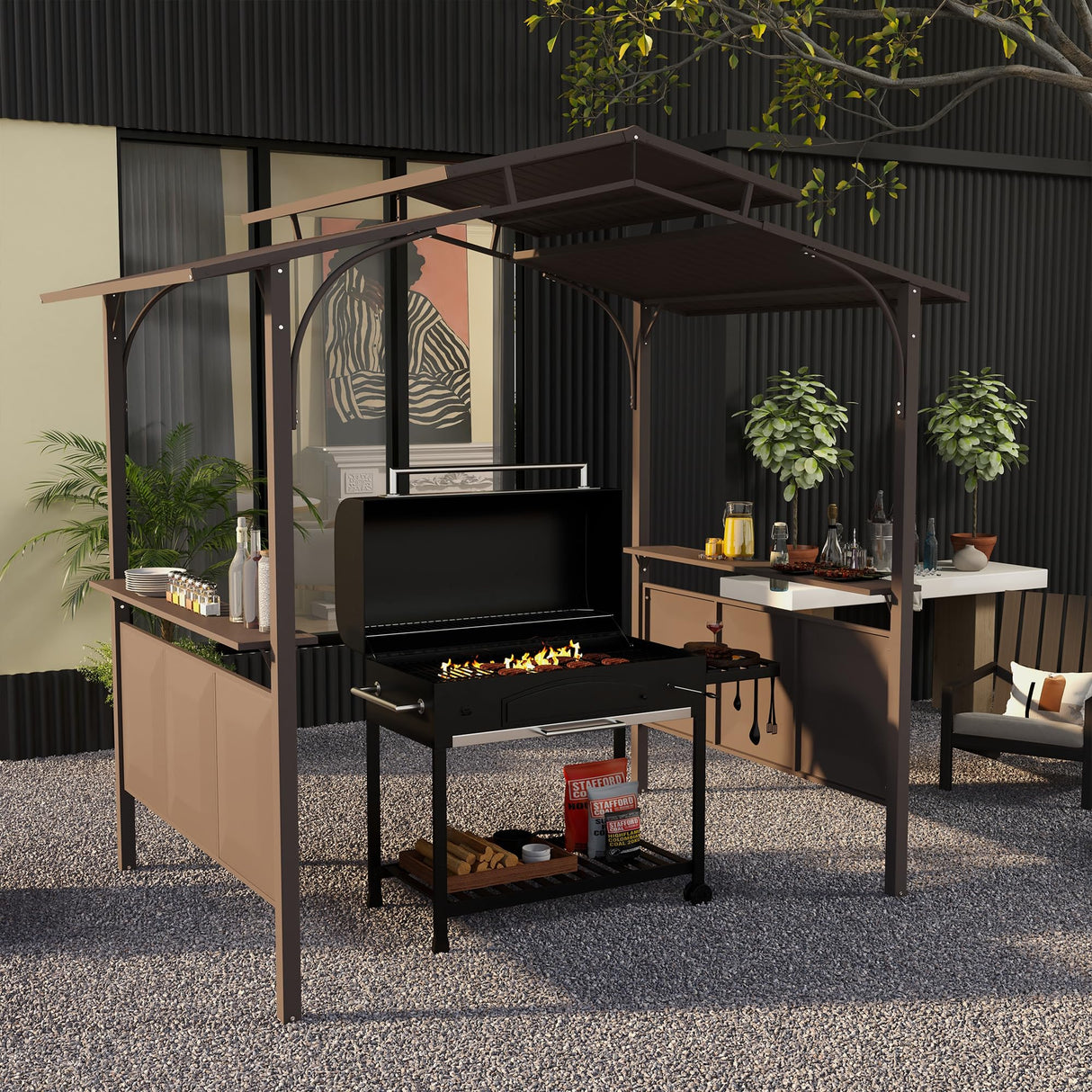Outsunny 8'x5' BBQ Grill Gazebo with 2 Side Shelves, Outdoor Double Tiered Interlaced Polycarbonate Roof with Steel Frame, Brown Outsunny