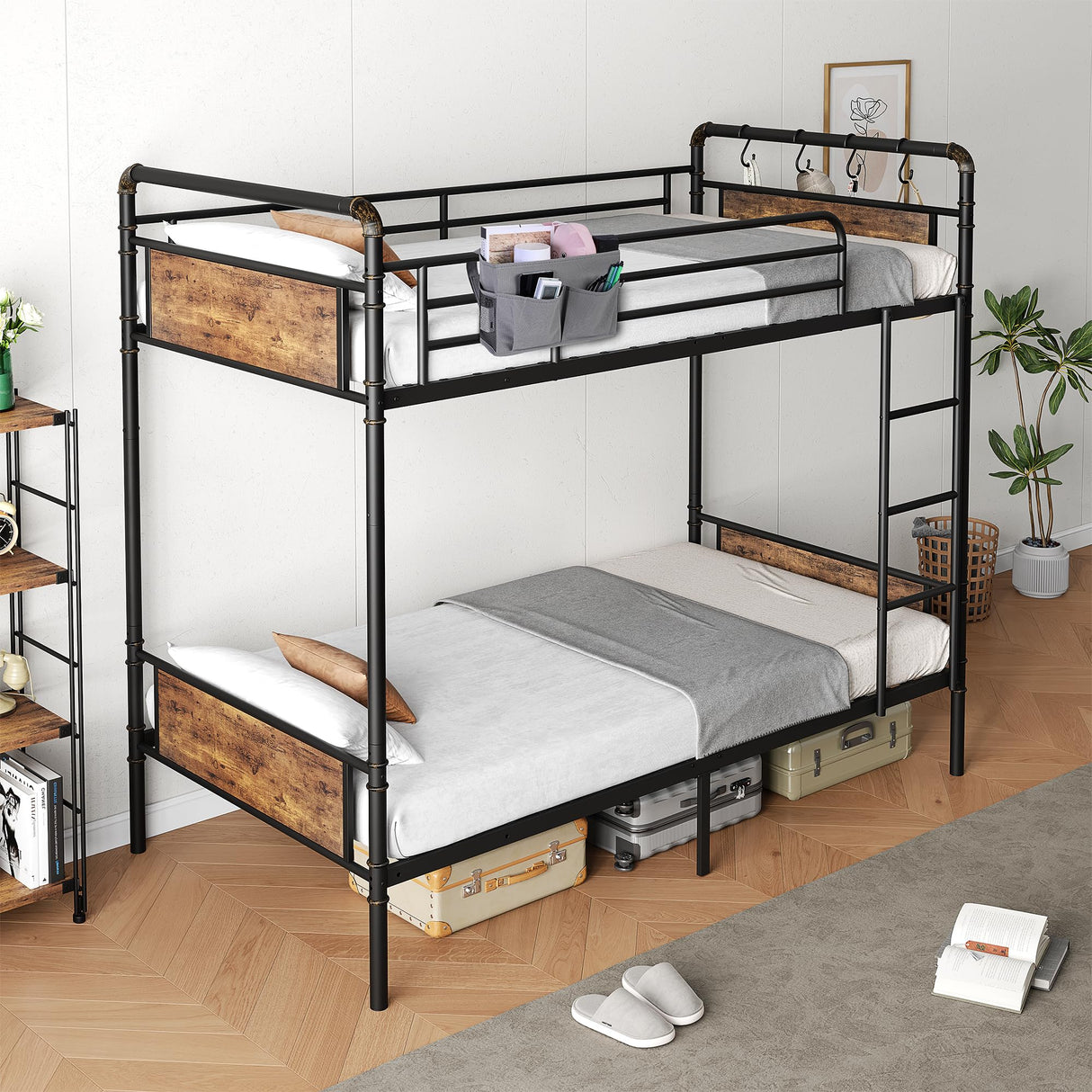 Jocoevol Metal Bunk Bed Twin Over Twin, Industrial Bunkbeds Heavy Duty Bed with Safety Guard Rails and Space-Saving Design, Steel Bed for School, Bedroom (Vintage Brown) Jocoevol