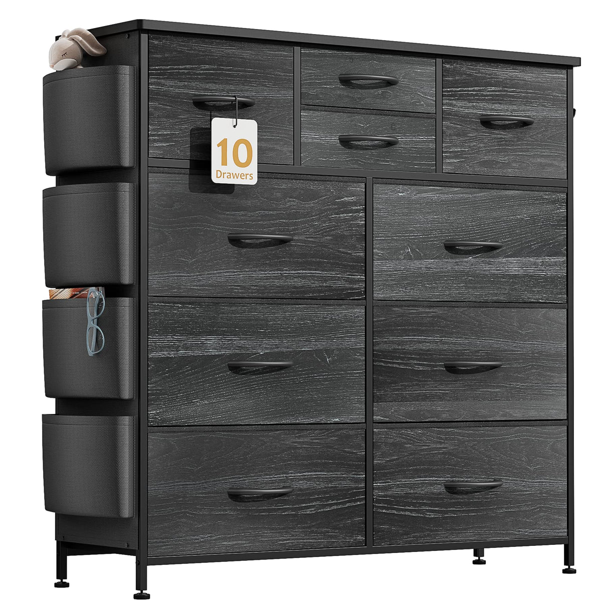 YaFiti Dresser for Bedroom with 10 Drawers, Chest of Drawers with Side Pockets, Hooks, Wooden Top and Sturdy Metal Frame, Fabric Dresser Drawers for Living Room, Hallway (Black Wood Veins) YaFiti