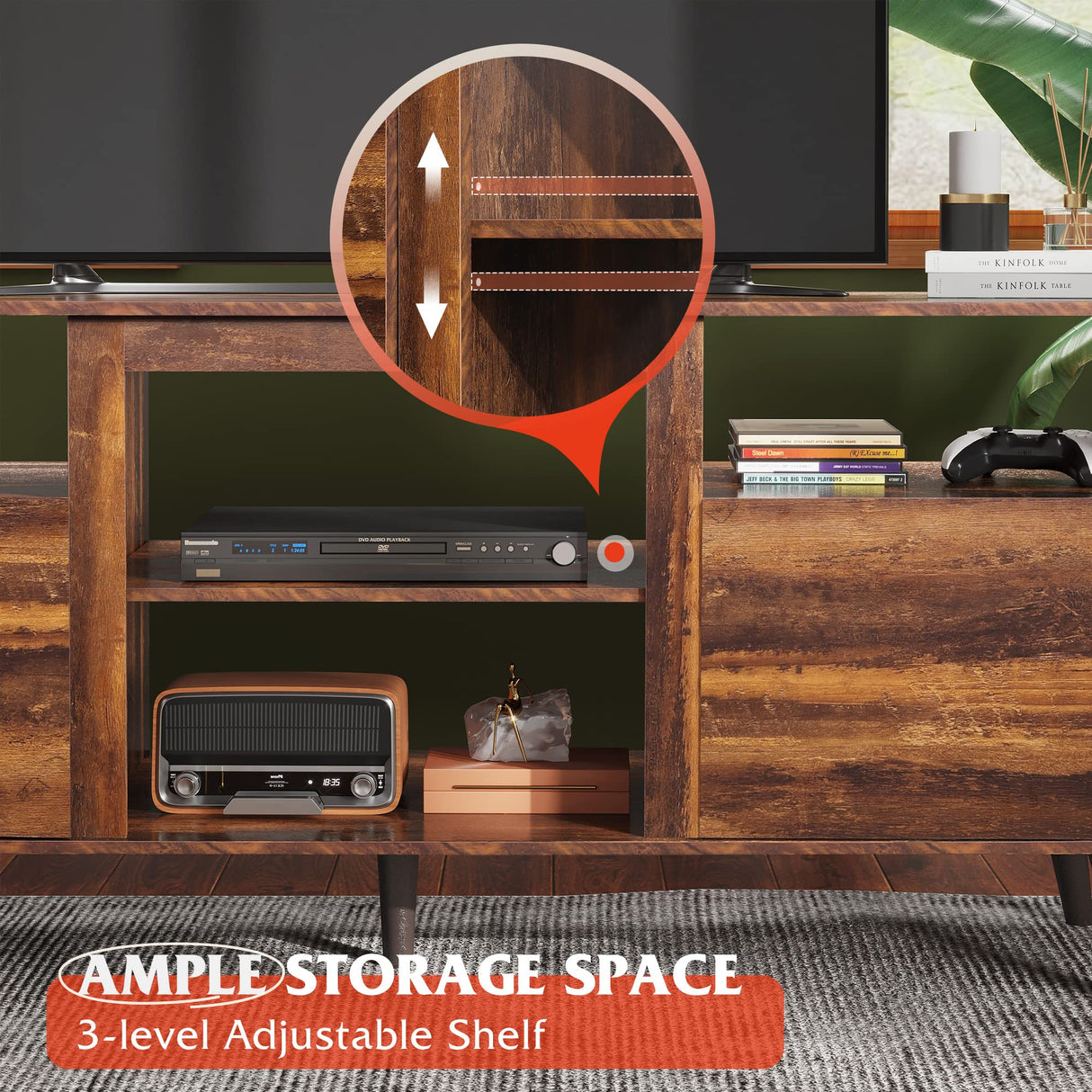 WLIVE TV Stand for 65 Inch TV, 58 inch Entertainment Center with 2 Storage Cabinets, Media Console for Living Room, Bedroom and Office, Retro Brown WLIVE