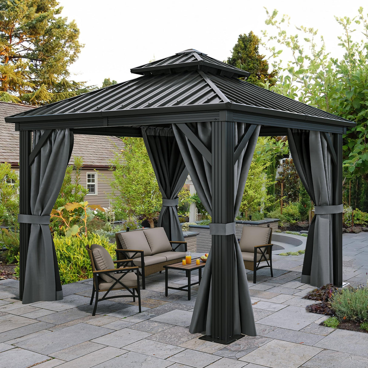 YITAHOME 10x10ft Hardtop Gazebo with Nettings and Curtains, Heavy Duty Double Roof Galvanized Steel Outdoor Combined of Vertical Stripes Roof for Patio, Backyard, Deck, Lawns, Gray YITAHOME