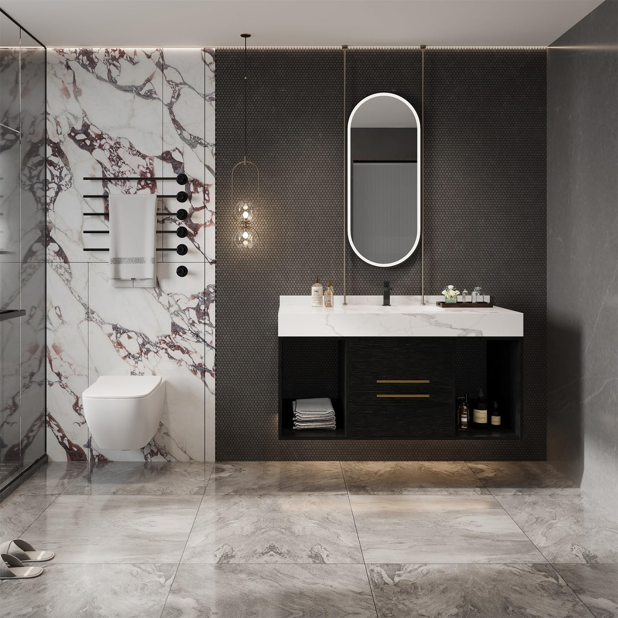 GAFFERIT 39.4" Bathroom Vanities with Ceramic Sink,Floating Bathroom Vanity,Wall Mounted Storage Cabinet with 2 Drawers and 2 Storage Spaces,Modern Bathroom Sink Cabinet with Metal Handles (Black) GAFFERIT