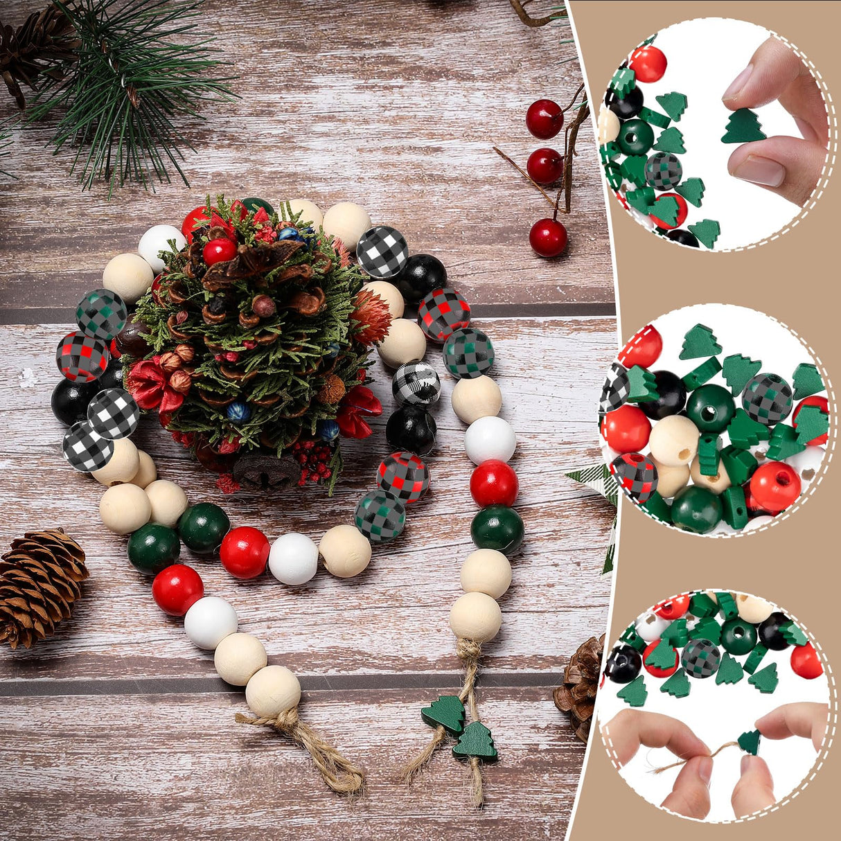 Junkin Christmas Wooden Bead Kit: 201 Pcs - 0.63 Inch Buffalo Plaid & 0.47 Inch Christmas Tree Shaped Beads with 6.6 Feet Natural Cord for DIY Garlands & Jewelry Junkin