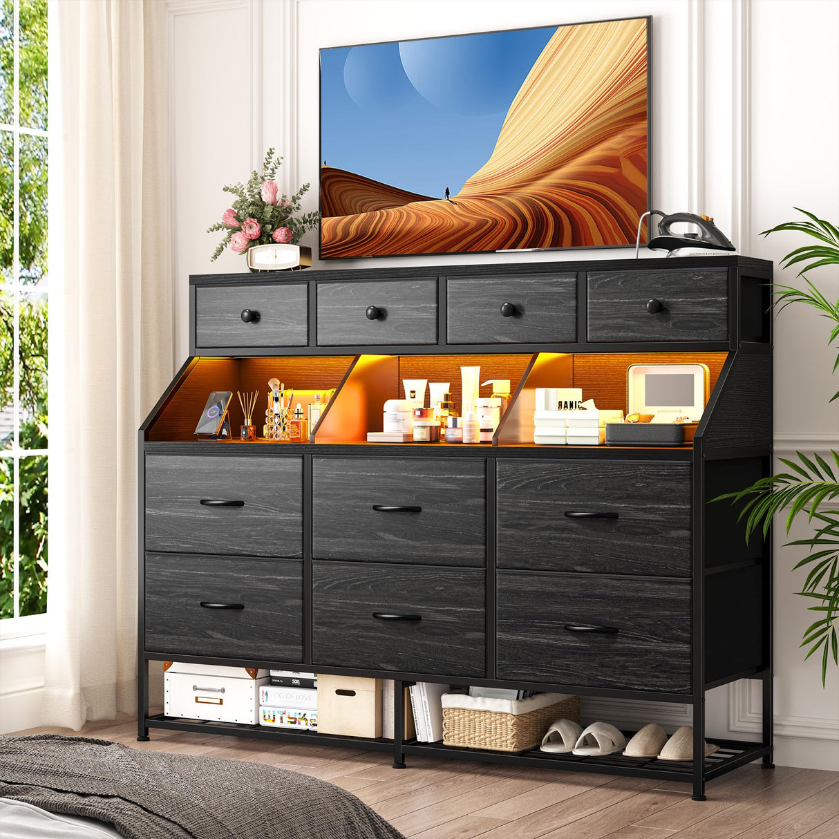 Dresser for Bedroom with 10 Drawers & Shoe Rack Fabric Dressers & Chests of Drawers with LED Lights and Power Outlets Bedroom Dresser for Entryway, Halfway, Closet (Charcoal Black) EnHomee
