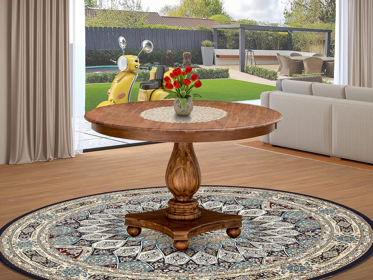 East West Furniture FE2-0N-TP Ferris Modern Dining Table - a Round Kitchen Table Top with Pedestal Base, 48x48 Inch, Sandblasting Antique Walnut East West Furniture
