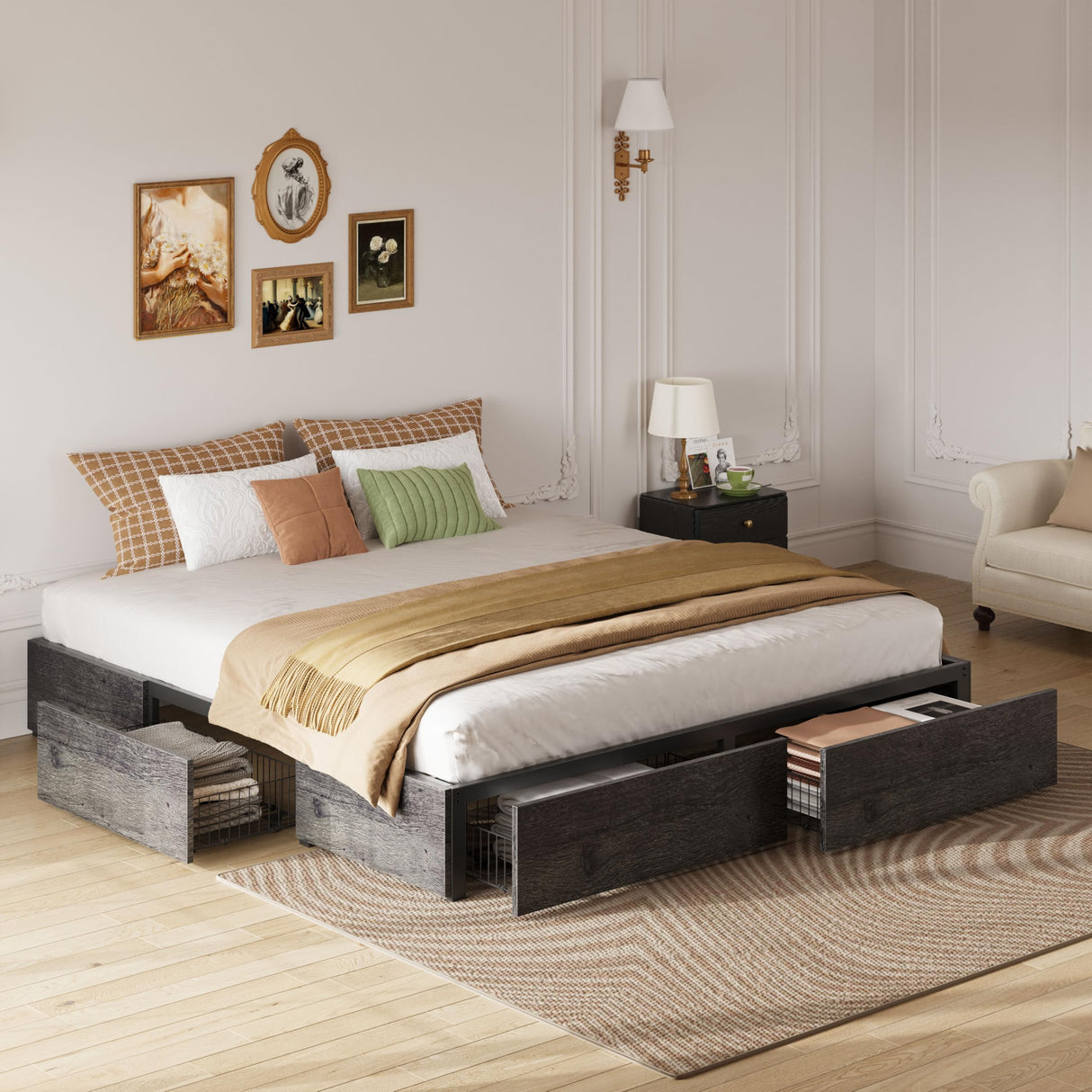 LIKIMIO King Bed Frame with Storage, 4 Drawers and Heavy Strong Metal Support Frames, Solid Stable, Noise-Free, No Box Spring Needed, Easy Assembly, Charcoal Grey LIKIMIO