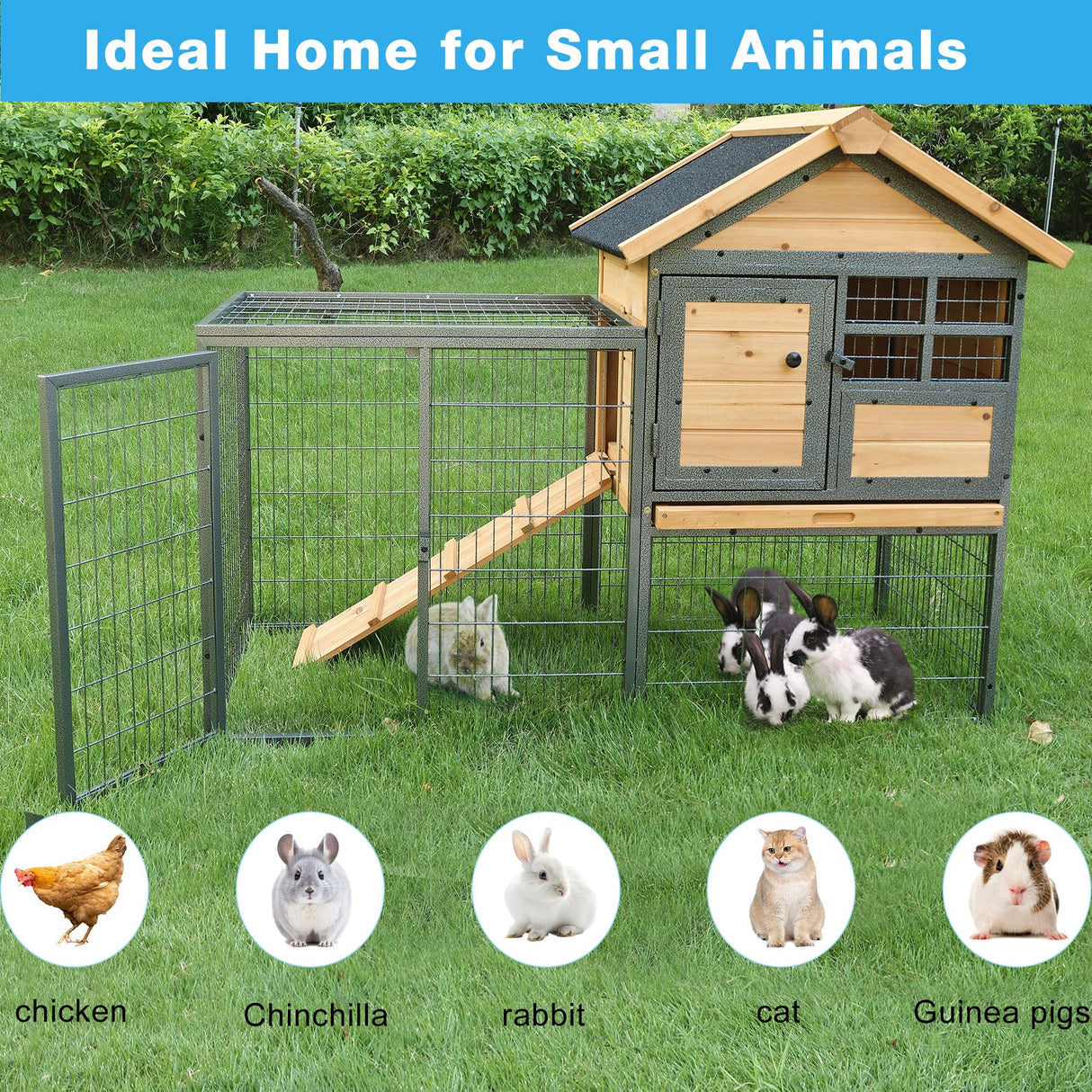 Chicken Coop and Run, Two Story Rabbit Hutch Indoor Outdoor, Waterproof Metal Frame Hen House with Nesting Box Rabbit Cage, Deep No Leak Pull Out Tray, for Chick, Bunny Rockever