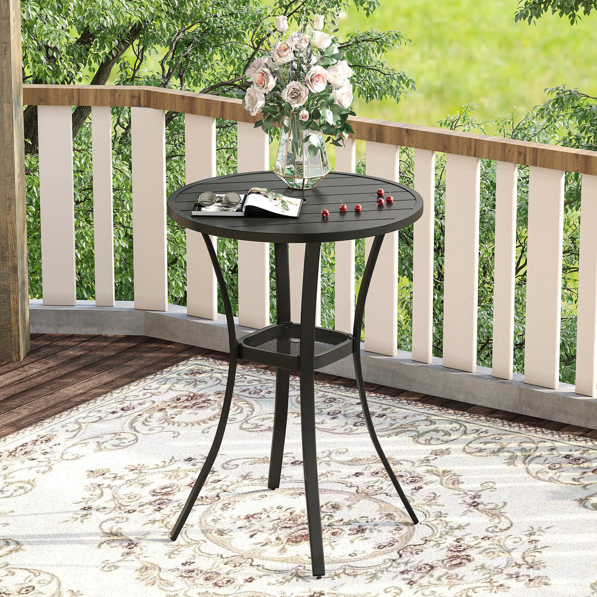 VICLLAX 28" Round Outdoor Bar Table, Counter Height Patio Table with Adjustable Umbrella Hole for Balcony, Black VICLLAX