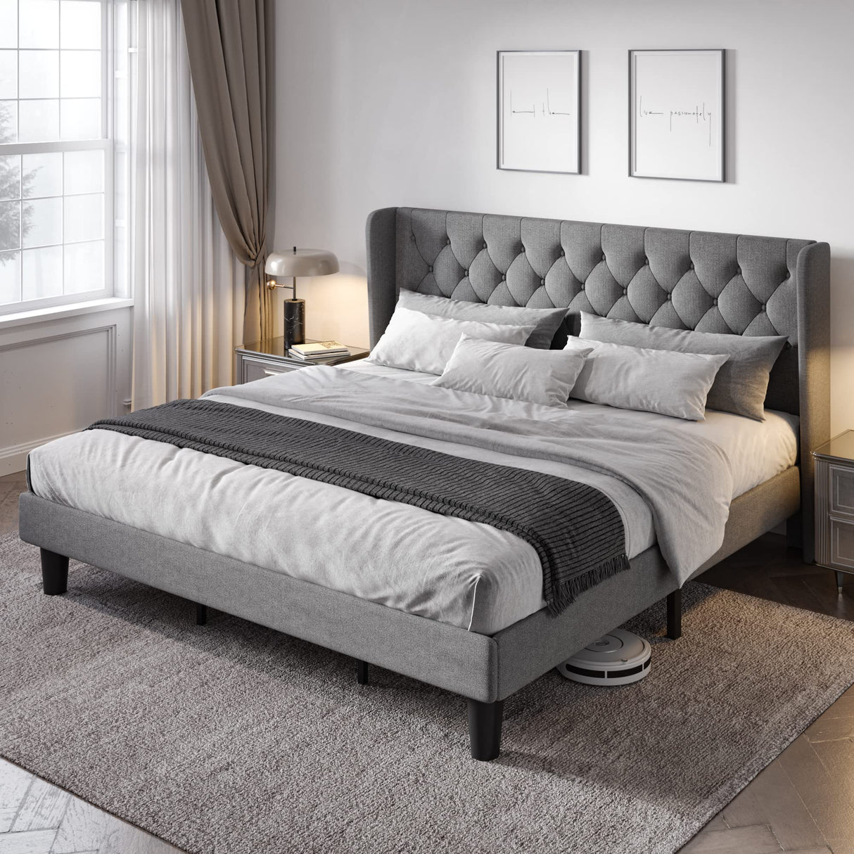 Allewie King Size Upholstered Platform Bed Frame with Wingback and Button Tufted Headboard for Reading, Strong Wood Slat Support, Modern Design, Easy Assembly, Light Grey Allewie