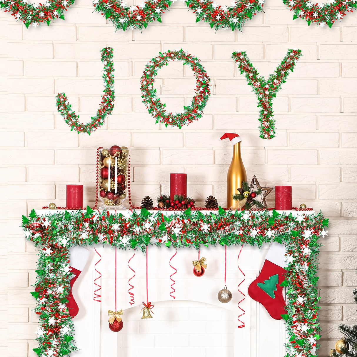 50 FT Christmas Decorations Tinsel Garland with Snowflake Christmas Tree, Red Green Silver Shiny Metallic Twist Christmas Garland for Home Tree Mantle Stairs Indoor Outdoor Holiday Xmas Party Decor Lairyan