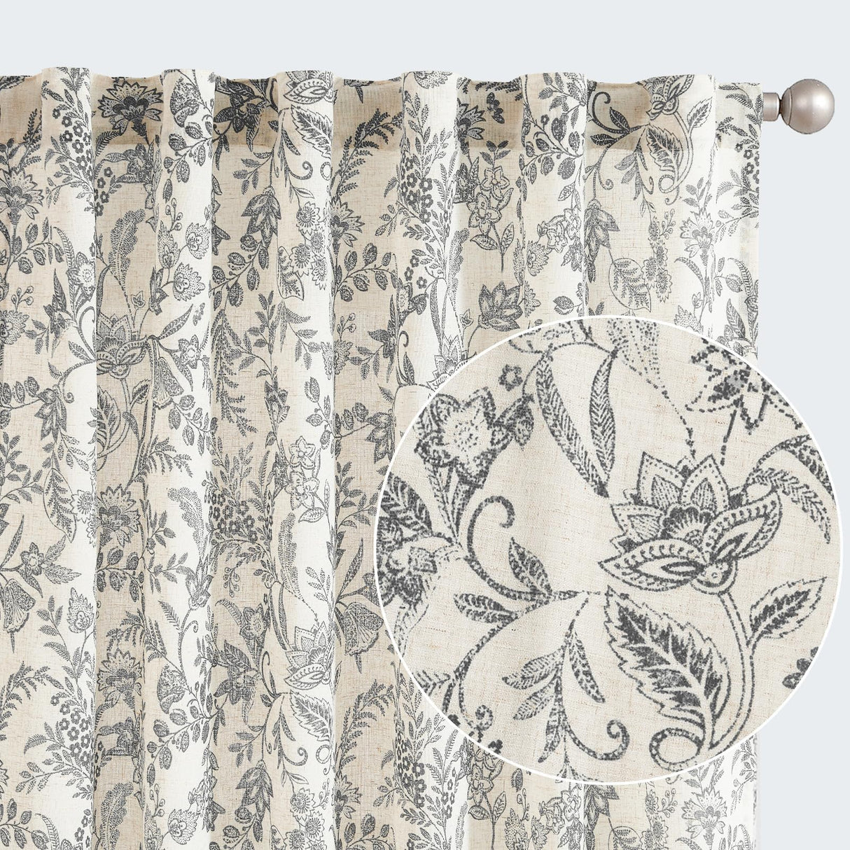 jinchan Floral Linen Blend Curtains for Living Room Black French Country Farmhouse 84 Inch Long Light Filtering Semi Sheer Kitchen Window Back Tab Curtains 2 Panels jinchan